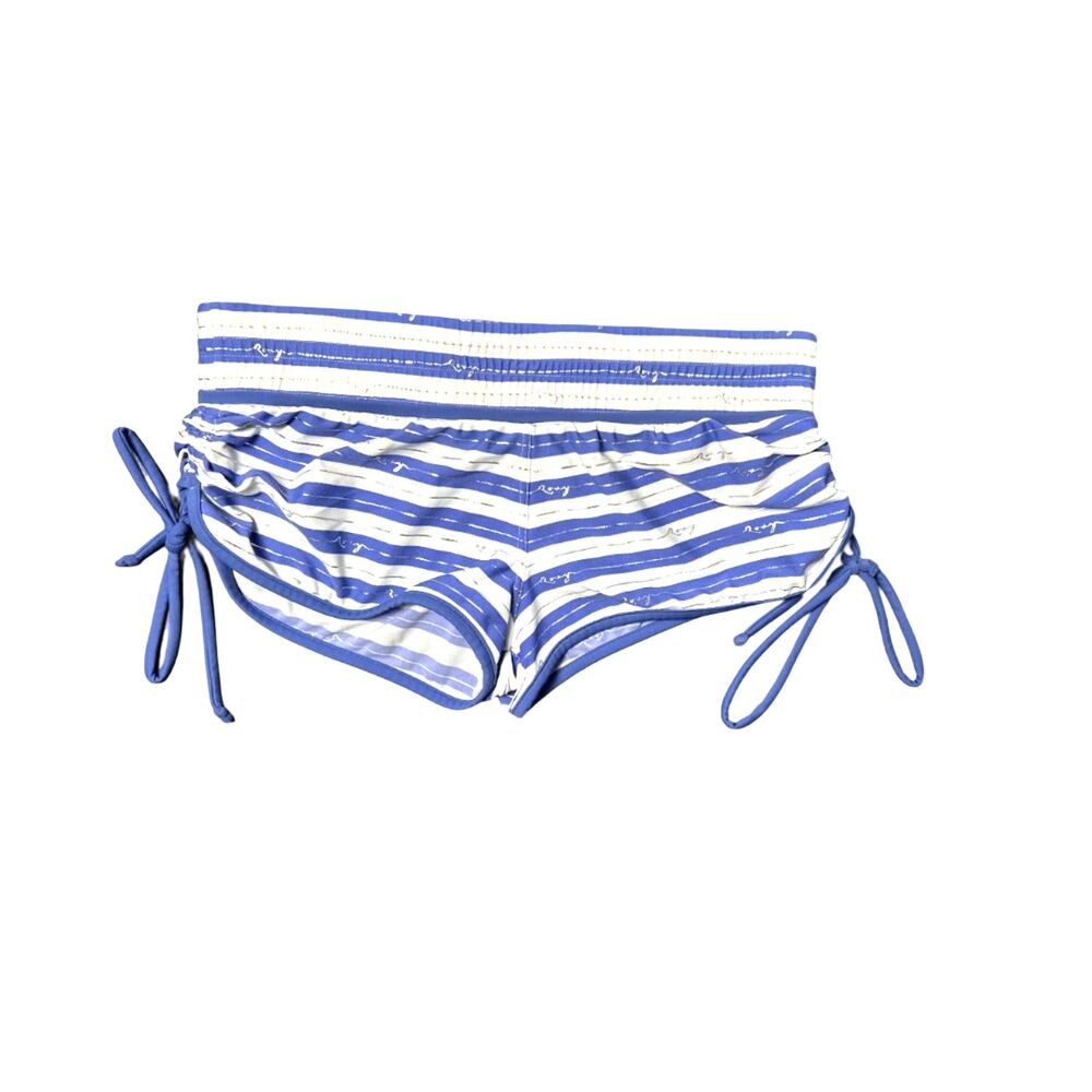 VTG Roxy Y2K Striped Swim Board Shorts Side Tie Metallic Silver Script Blue 10